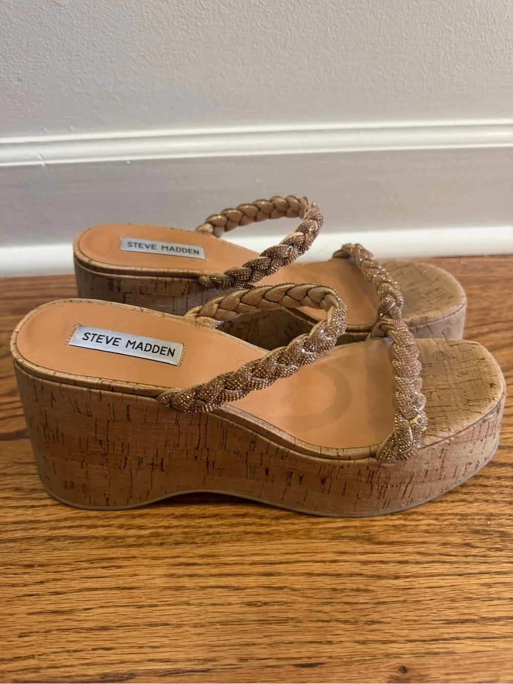 Steve Madden Metallic Gold Braided Cork Wedge Sandals